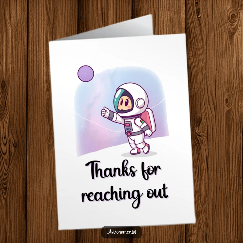 Funny Free Printable Thank You Card: Cartoon astronaut excitedly pointing at a distant galaxy, expressing thanks.