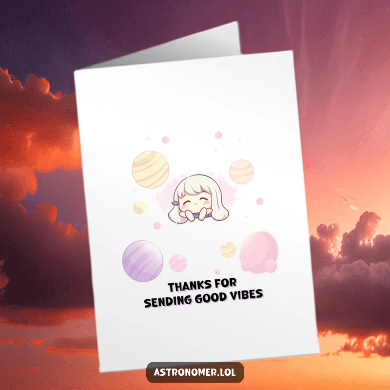 Funny Free Printable Thank You Card: an alien floats serenely with closed eyes among glowing planets.