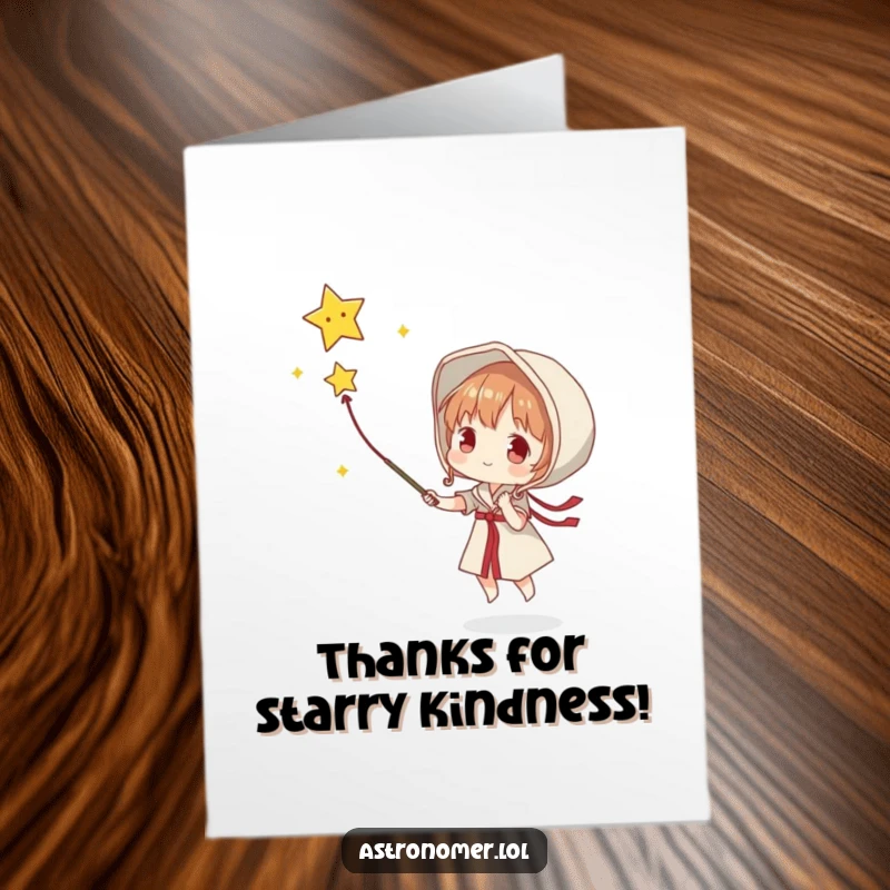 Funny Free Printable Thank You Card: Character attempts to catch a falling star with a net, expressing gratitude.