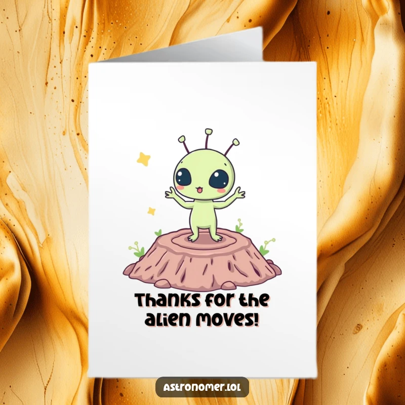 Funny Free Printable Thank You Card: Surprised alien creature doing a silly dance on a crater, filled with downloadable thanks.
