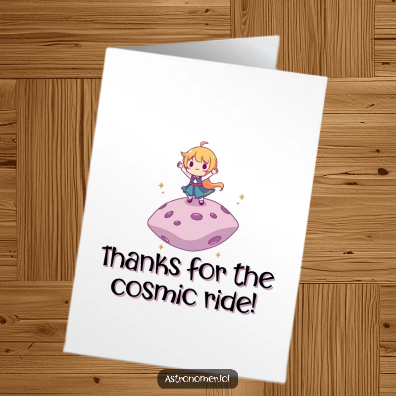 Funny free printable thank you card featuring a character dancing ecstatically on a floating asteroid, expressing joyful gratitude.