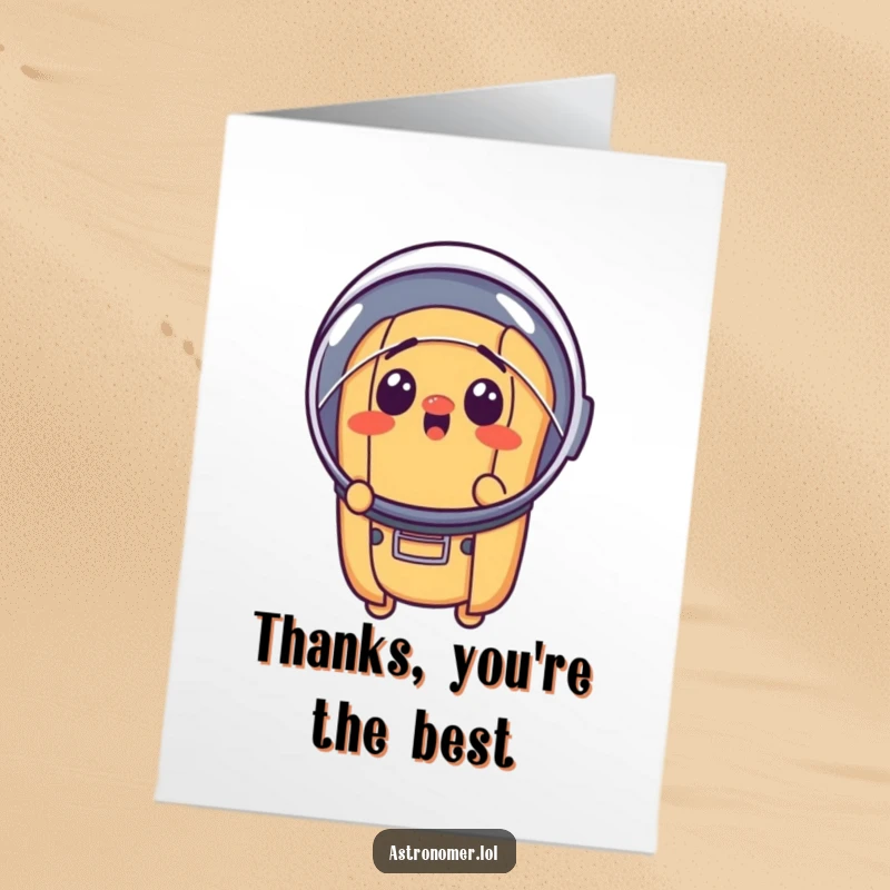 Funny Free Printable Thank You Card: Surprised hot dog wearing a minuscule astronaut helmet, a cosmic thank you gesture.