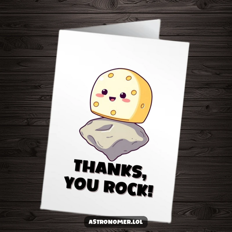 Funny Free Printable Thank You Card: Smiling cheese wheel balancing on a floating asteroid, a cheesy thank you note.