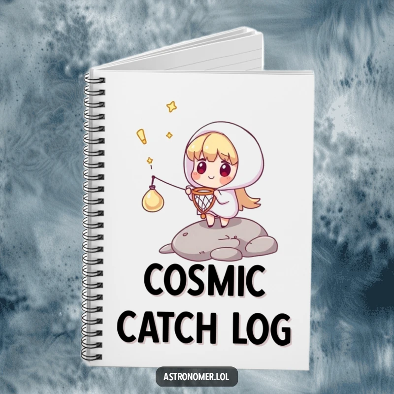 Funny notebook cover with a character catching a falling comet with a tiny net, ideal for writing down ideas with a humorous, heroic theme.
