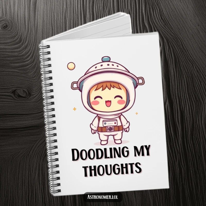 Funny Kawaii astronomer notebook with a giggling character wearing a colander as a helmet, ready for humorous note-taking.