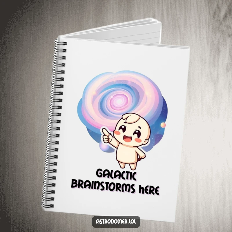Funny notebook cover showing a character joyfully pointing at a detailed galaxy, encouraging notes on cosmic explorations.