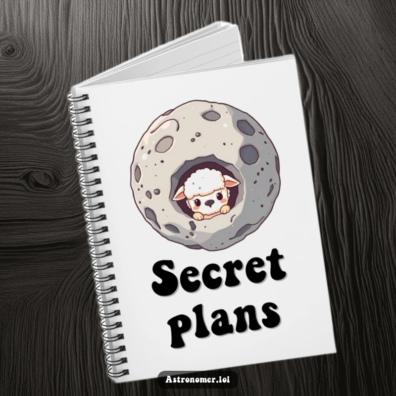 Funny notebook featuring a sheepish creature peeking from behind an asteroid, for jotting down ideas with a shy twist.