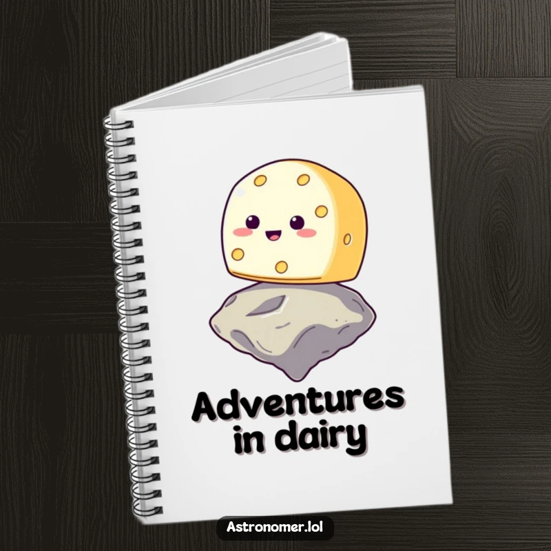 Funny smiling cheese wheel trying to balance on a floating asteroid, humorous notebook for journaling, space-themed stationery.