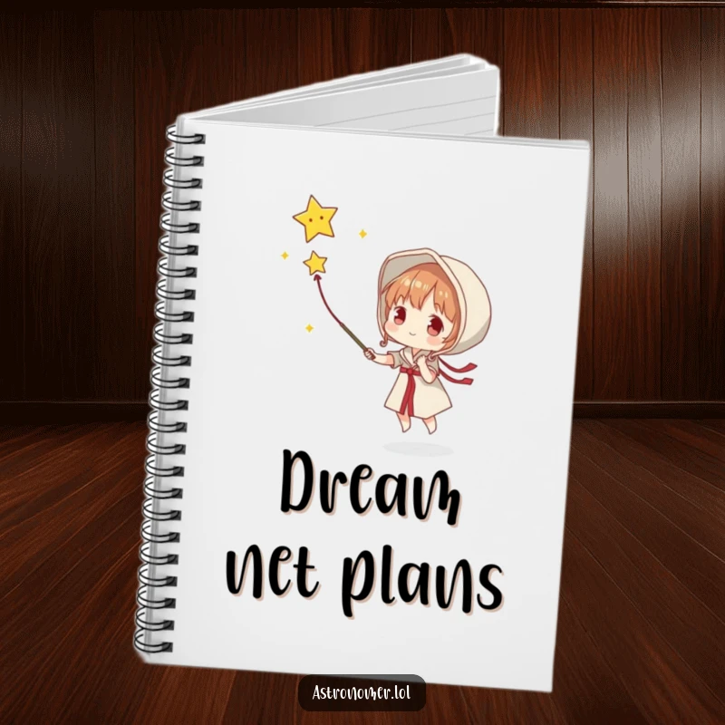Funny notebook cover showing a character attempting to catch a falling star with a net, ready to jot down wishes.