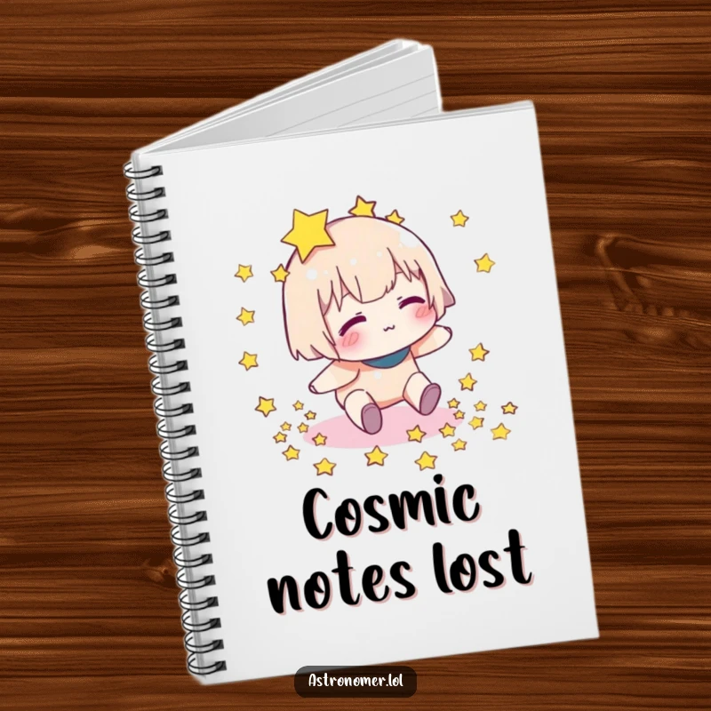 Funny notebook cover with a character clumsily losing stars, perfect for jotting down notes with a celestial sense of humor.