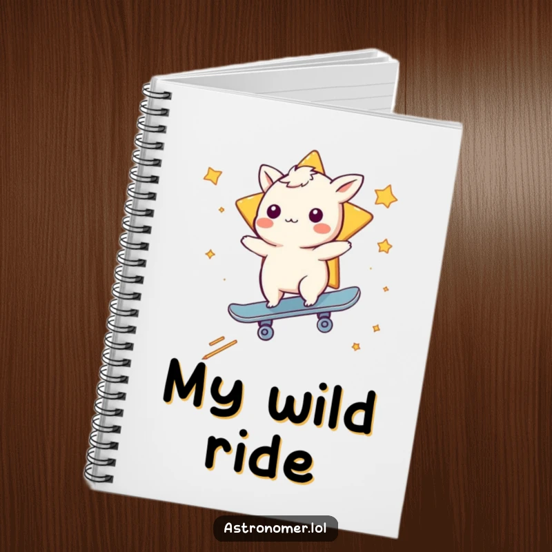 Funny notebook featuring a whimsical creature skateboarding on a shooting star, for jotting down ideas with flair.
