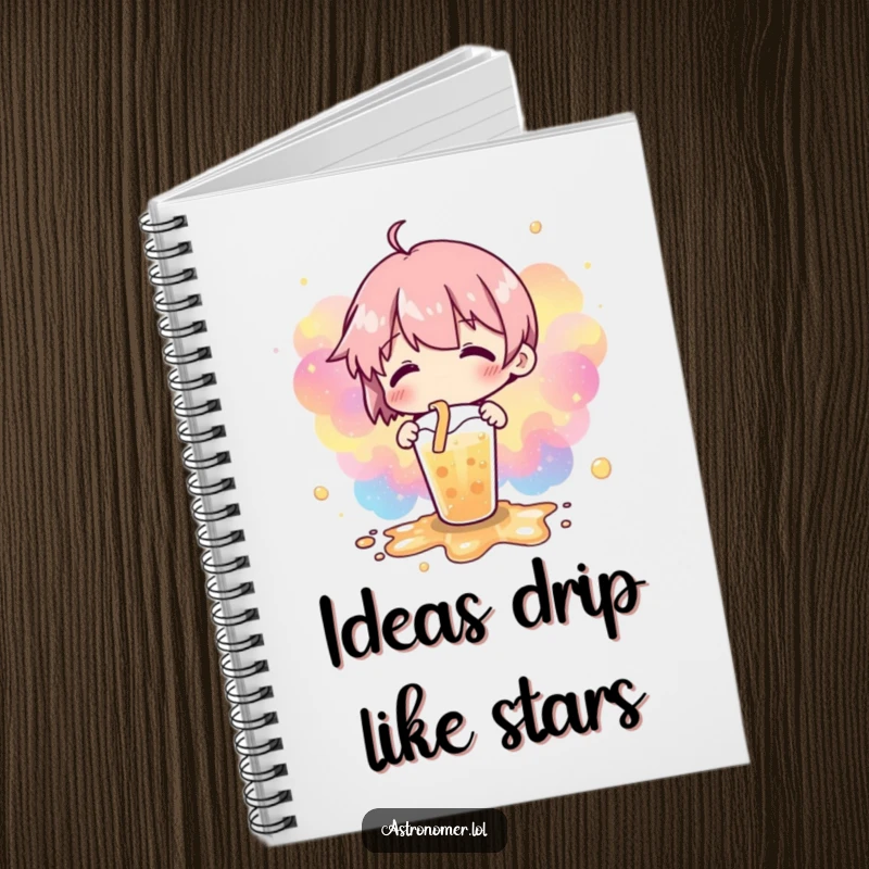 Funny notebook featuring a spilled drink that has created a stunning nebulae pattern, ideal for note-taking and creative writing.