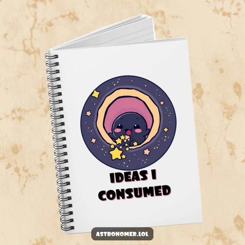 Funny cheerful black hole character playfully slurping up small stars, humorous notebook.