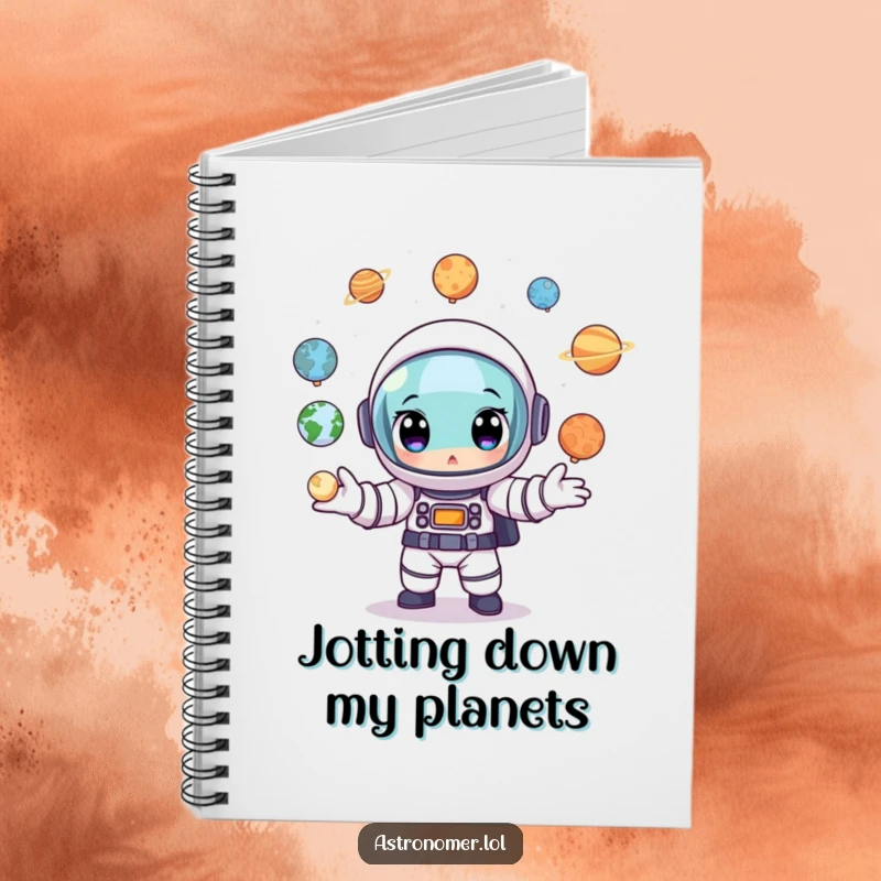 Funny Astronaut Notebook: A cartoon astronaut wide-eyed, juggling tiny planet models, ready to capture brilliant ideas and cosmic plans.
