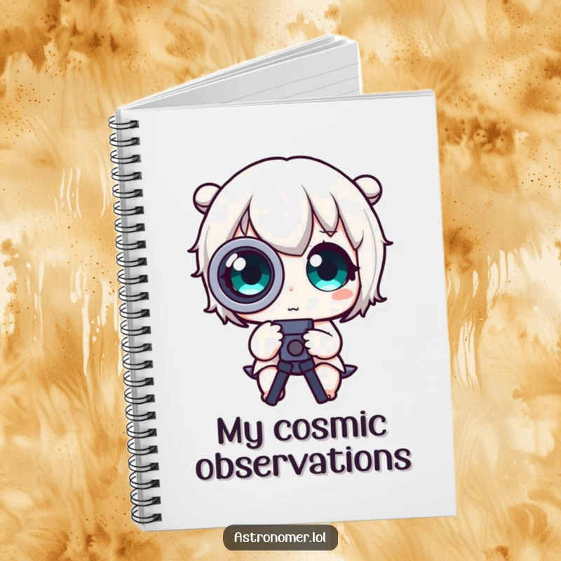 Funny Notebook: A cute character with huge, curious eyes uses a telescope, perfect for jotting down cosmic ideas.