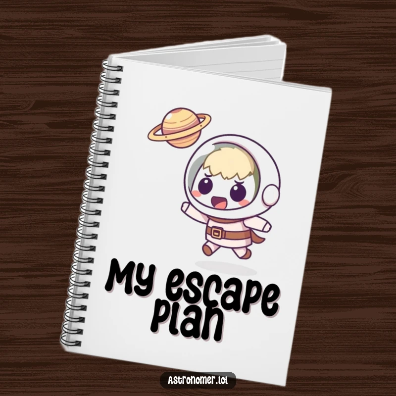 Funny Kawaii astronomer notebook with a startled character comically dodging a tiny, flying planet, ready for humorous note-taking.