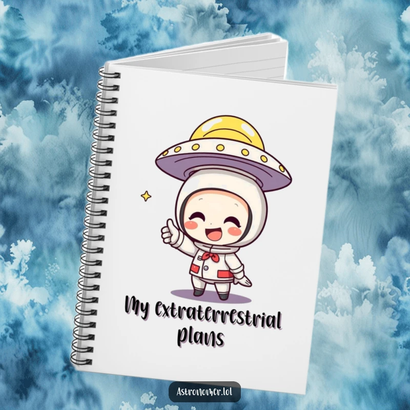 Funny Notebook showing a character pointing with a grin at a flying saucer, ready to document findings.
