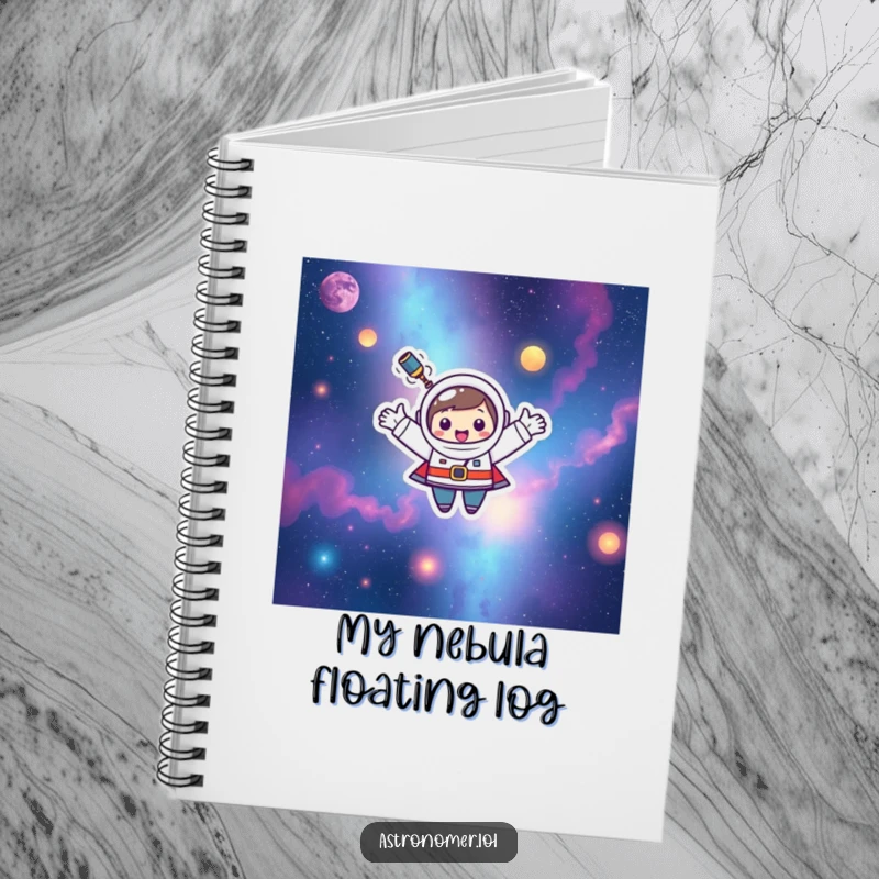 Funny Kawaii astronomer character floating among colorful nebulae, inspiring happy thoughts in this notebook.
