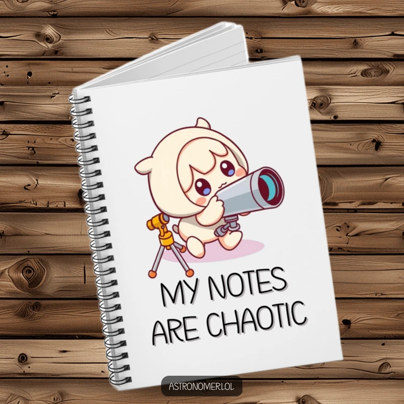 Funny Notebook: Cute character looks comically surprised after tripping over a telescope, encouraging users to note down funny ideas and mishaps.