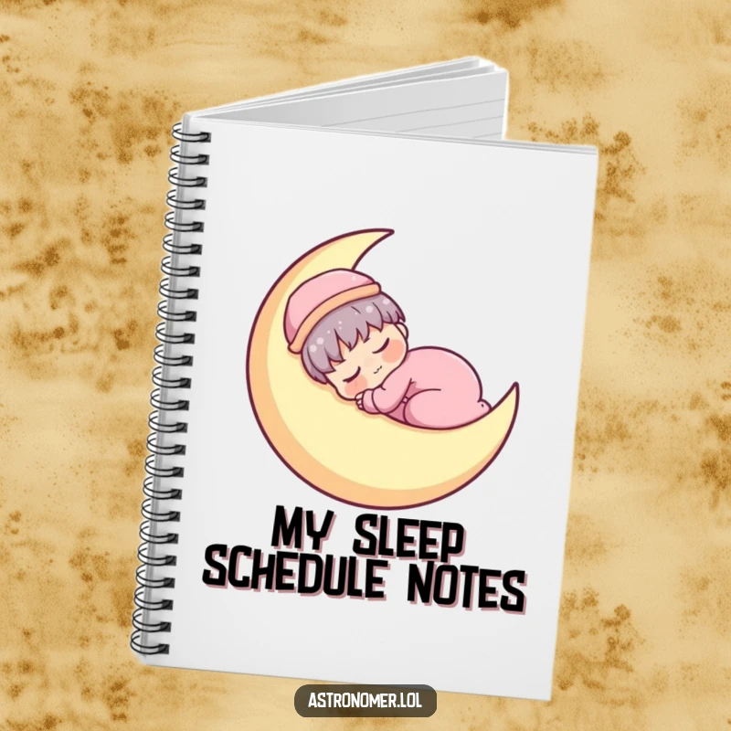 Funny Kawaii astronomer character napping on a crescent moon, inspiring peaceful writing in this notebook.