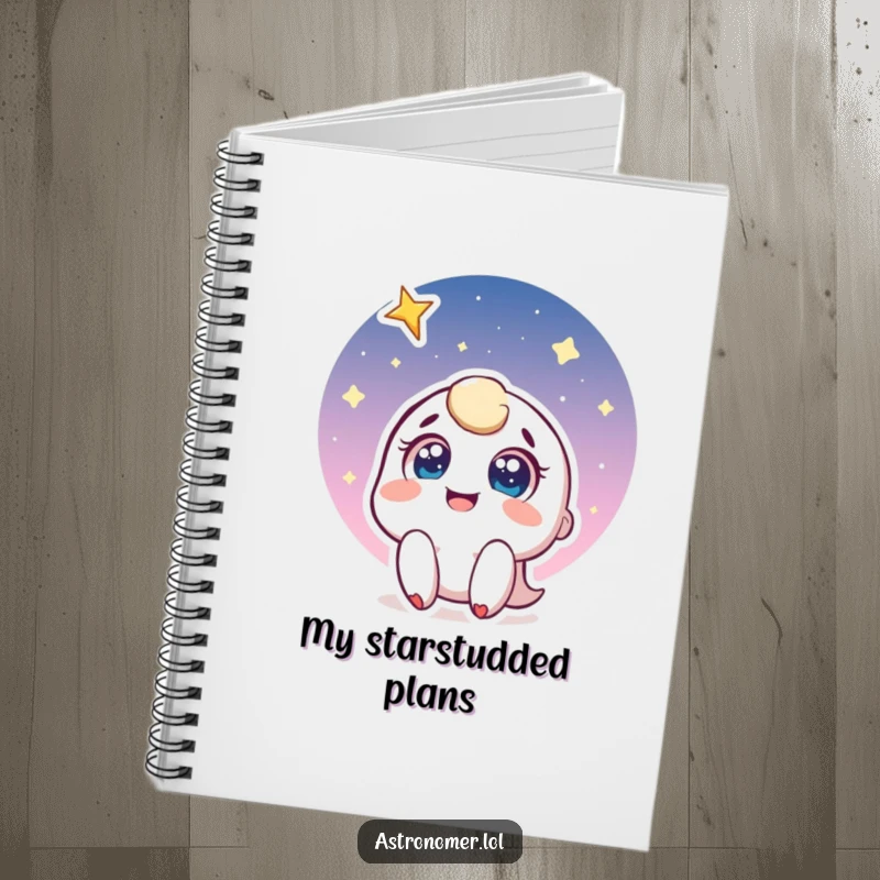 Funny notebook cover with a joyful character looking up at a shooting star, encouraging users to write down their dreams and wishes.