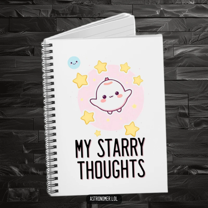 Funny Notebook: A cute character floats weightlessly in space, accompanied by a friendly entourage of cartoon stars.