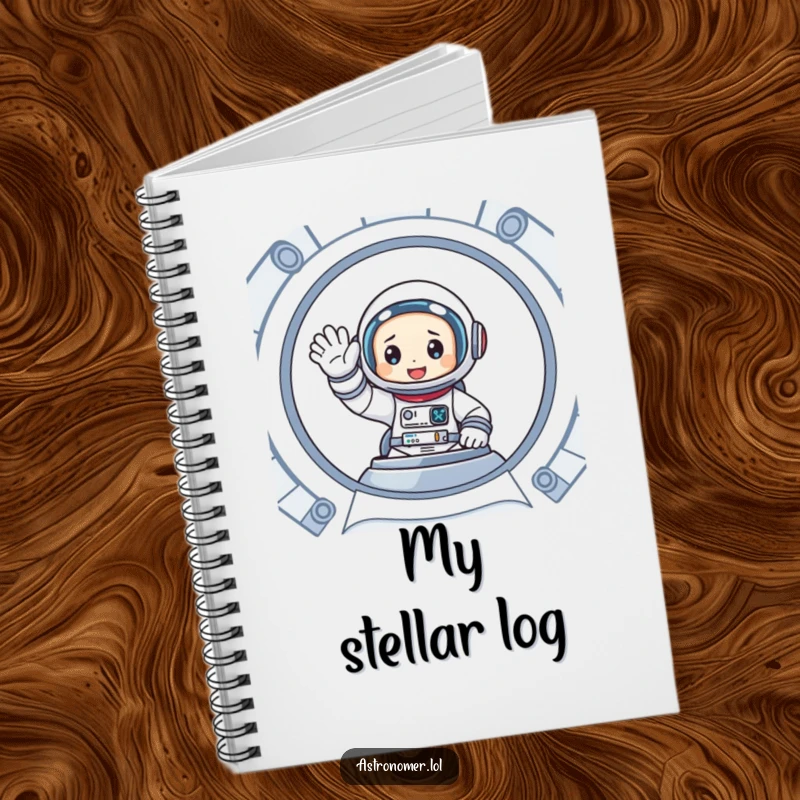 Funny notebook with a cartoon astronaut enthusiastically waving from inside a spaceship on the cover, ideal for note-taking.