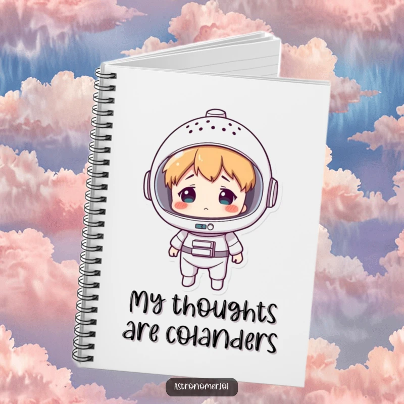 Funny notebook with a confused character in a colander space helmet, perfect for writing down thoughts or sketching cosmic adventures.