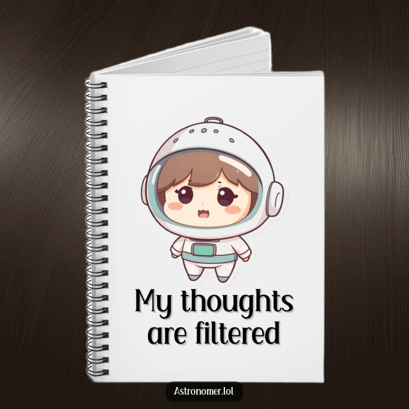 Funny Notebook: Cute character looks amused wearing a colander as a space helmet, encouraging users to jot down creative and humorous ideas.