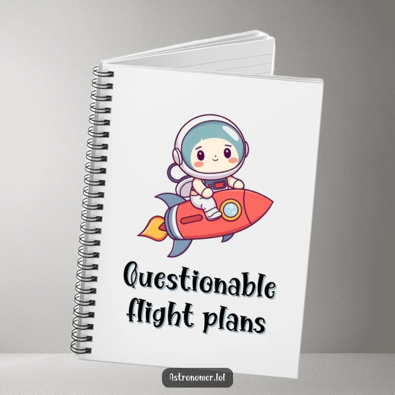 Funny astronaut smiling nervously on a crooked rocket, a humorous notebook for journaling space missions.