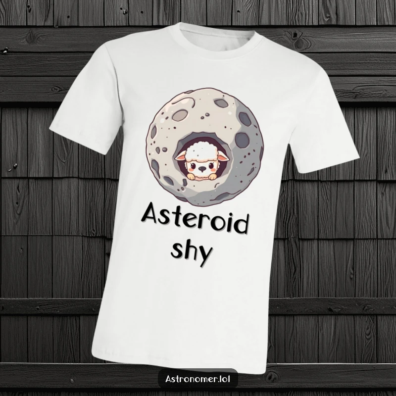 Funny t-shirt featuring a sheepish creature hiding behind a giant asteroid, with only its eyes visible, a humorous space theme.