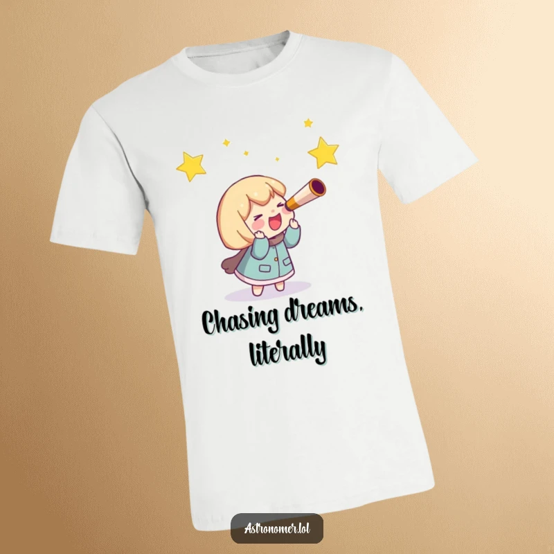 Funny T-Shirt: A delighted character holds a telescope and giggles while running after a streaking shooting star in the dark.