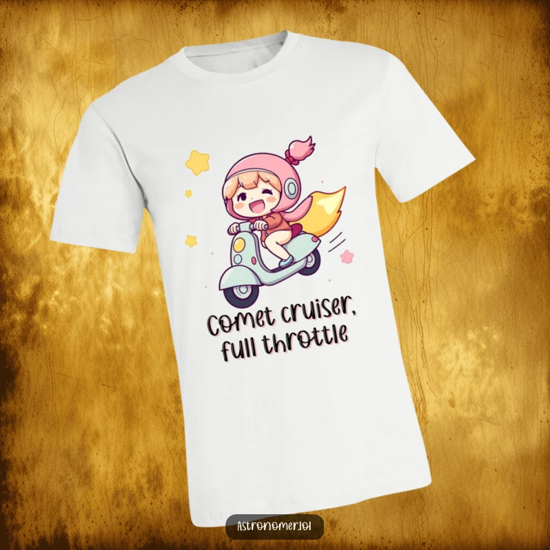Funny T-Shirt: A happy character rides a comet as if it were a scooter, navigating the vastness of space with sheer joy.