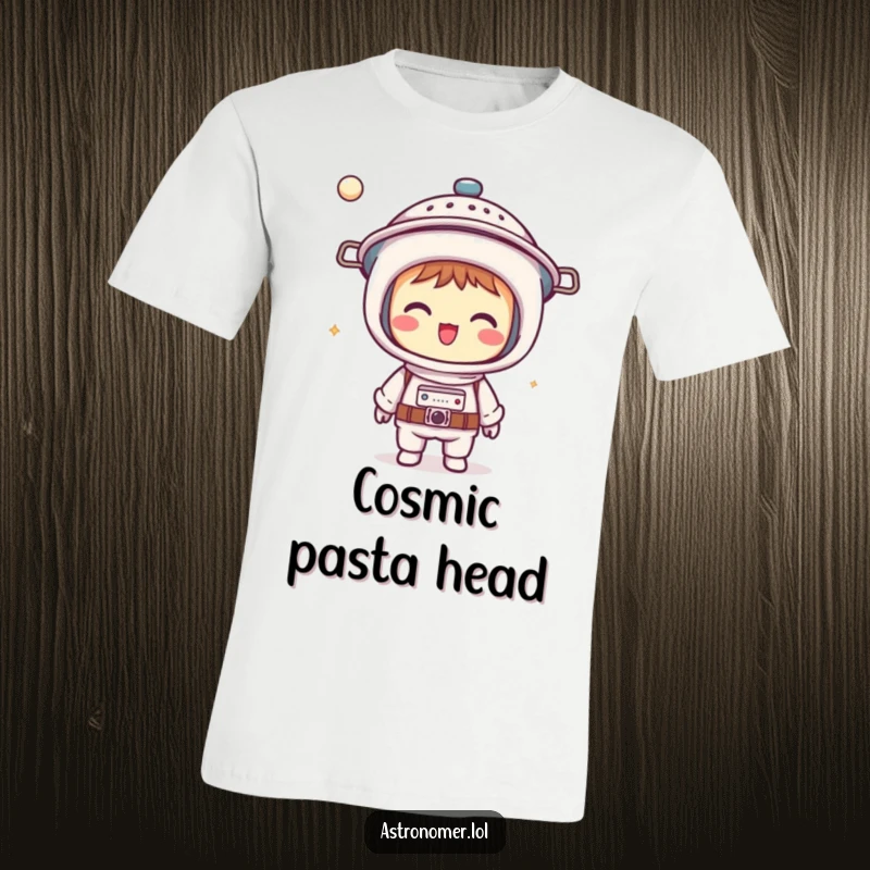 Funny Kawaii astronomer t-shirt featuring a giggling character sporting a colander as a helmet, designed for humorous cosmic exploration.