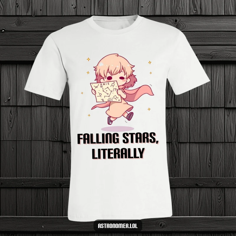 Funny t-shirt depicting a character tripping dramatically while holding a star chart, perfect for clumsy space lovers.