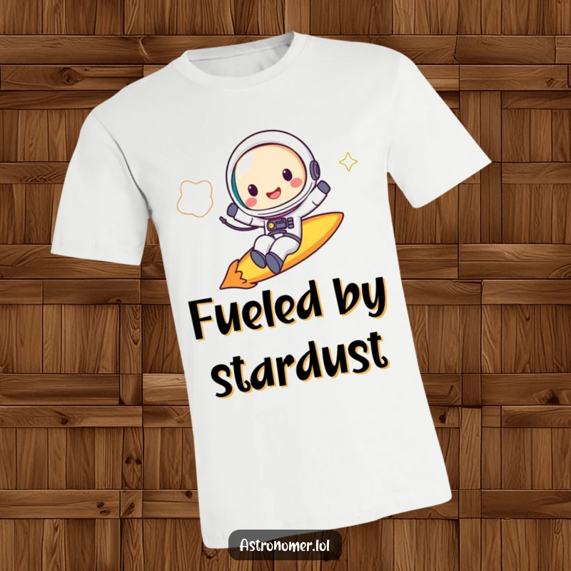 Funny T-Shirt: A joyful astronaut gleefully riding a blazing comet with a cheerful grin across the galaxy.