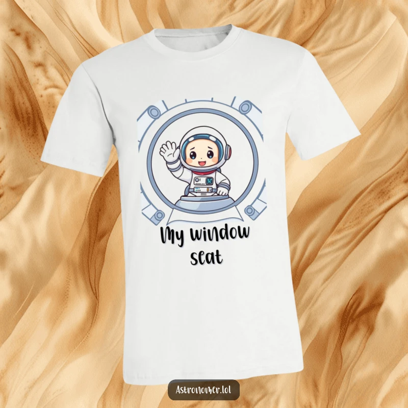 Funny t-shirt featuring a cartoon astronaut enthusiastically waving from the window of a spaceship, conveying joy and connection.