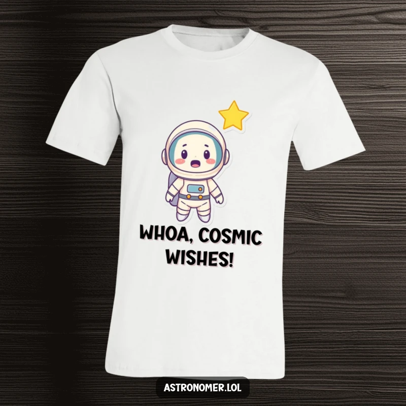 Funny Astronaut T-Shirt: A cartoon astronaut showing a shocked and amazed face while observing a streaking shooting star.