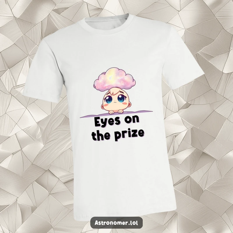 Funny t-shirt with big eyes looking in wonder at a nebula cloud, a humorous and expressive gift for astronomy enthusiasts.