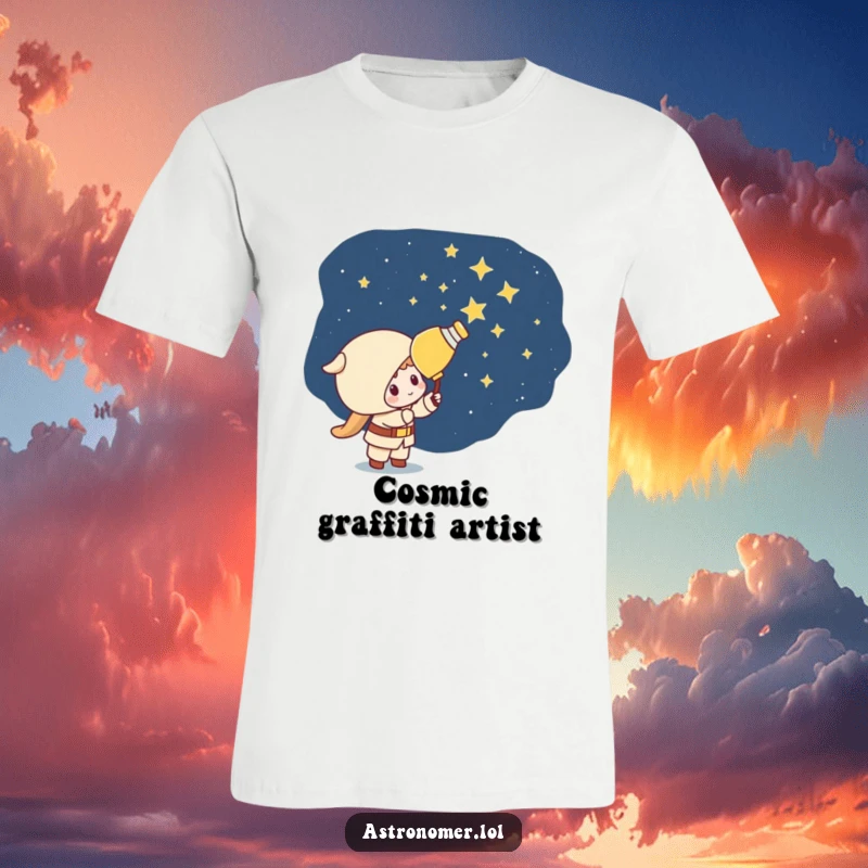 Funny Kawaii astronomer character depicted painting stars onto a dark sky with a playful, mischievous expression on this t-shirt.