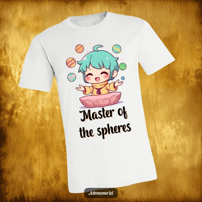 Funny T-Shirt featuring a character beaming with joy while skillfully juggling miniature planets.