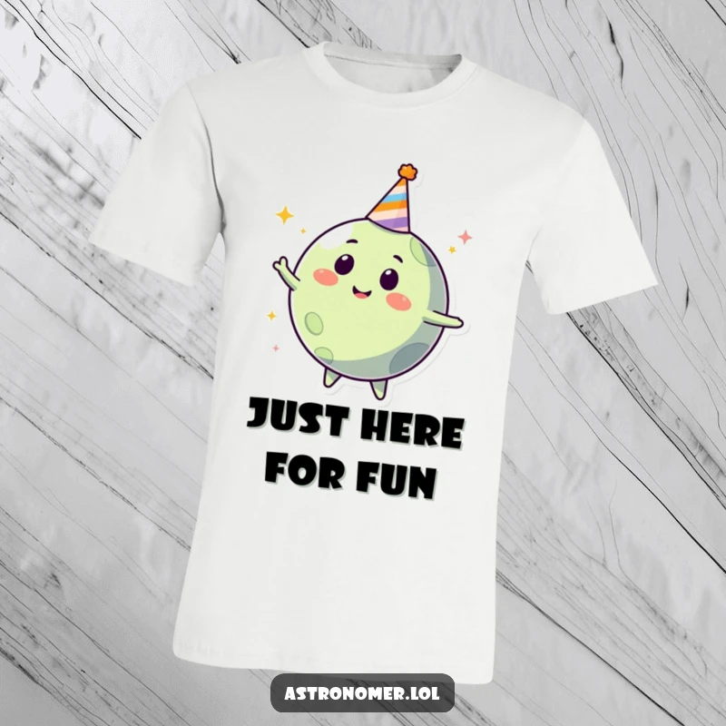 Funny happy planet character in a party hat, spinning joyfully, humorous t-shirt for party lovers.
