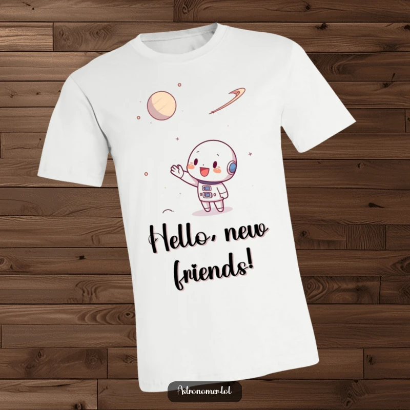 Funny T-Shirt showing a character waving energetically towards a faraway planet, embodying a traveler's spirit.