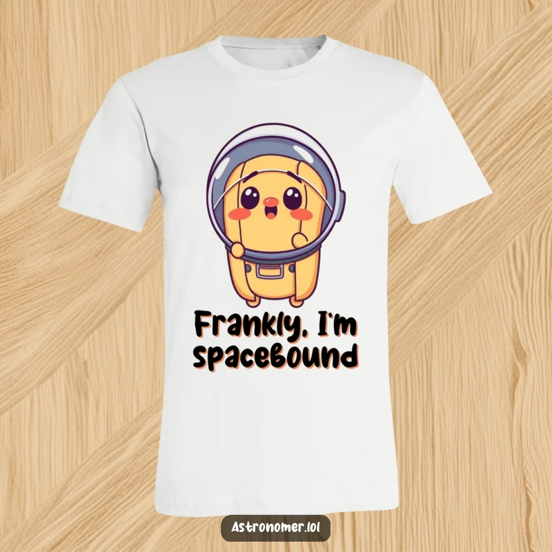 Funny surprised hot dog wearing a tiny astronaut helmet, shocked expression, humorous space-themed t-shirt.