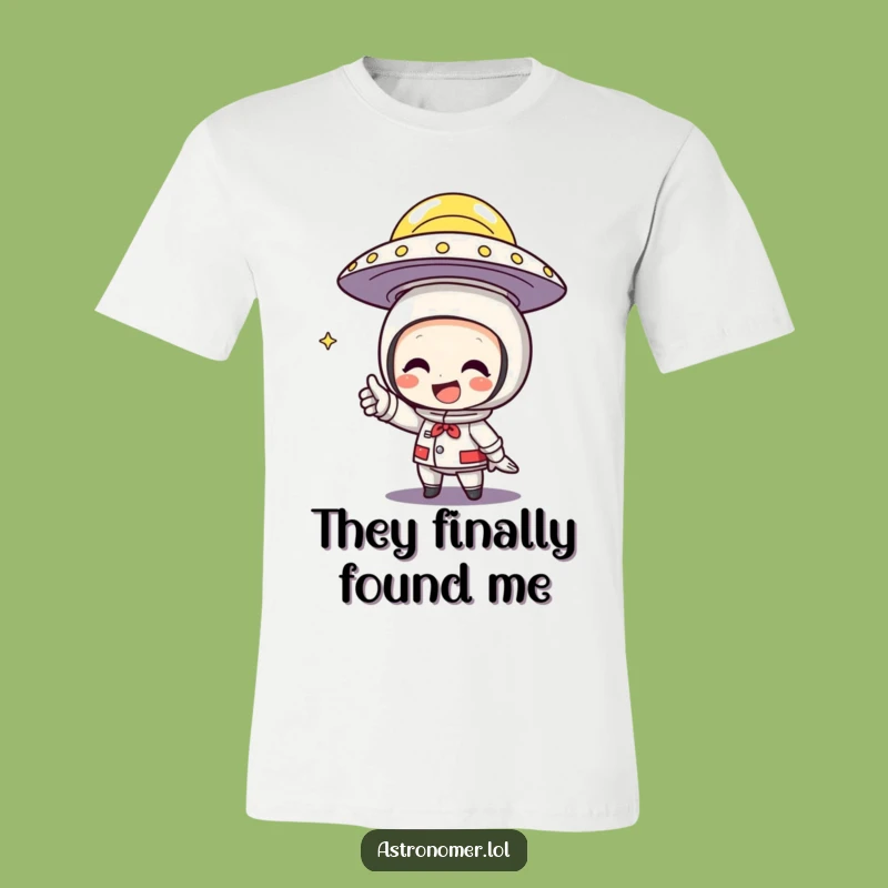 Funny UFO T-Shirt: Character Grins Pointing at Flying Saucer, Great Gift