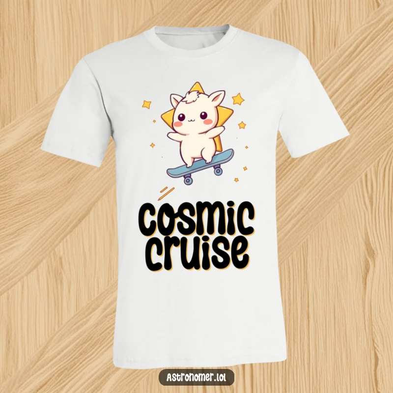 Funny t-shirt showing a whimsical creature skateboarding on a shooting star, embodying speed and playful energy.