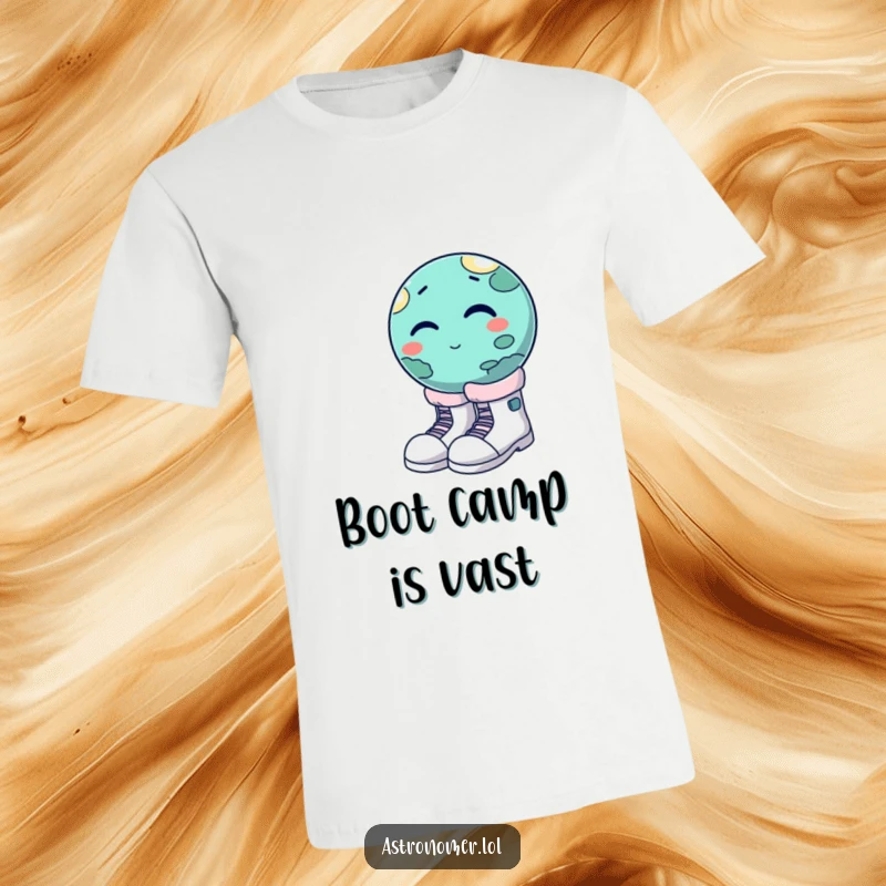 Funny winking planet attempting to wear oversized moon boots, cosmic fashion, humorous celestial t-shirt for sale.