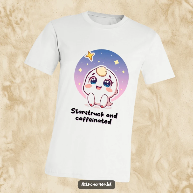 Funny t-shirt featuring a joyful character with wide eyes, smiling as they look up at a bright shooting star across a starry sky.
