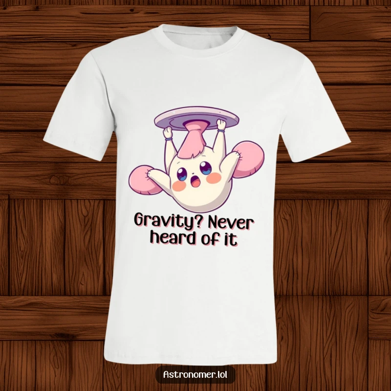 Funny t-shirt depicting a surprised creature in a dazed state, floating upside down in zero gravity with wide, bewildered eyes.