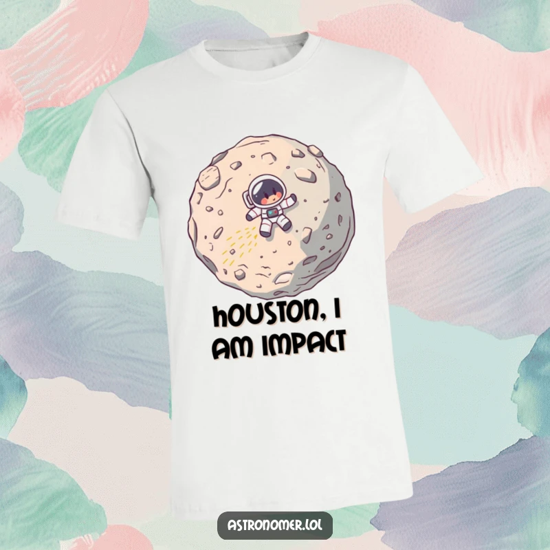 Funny t-shirt featuring a cartoon astronaut comically crashing into a large asteroid, depicting an epic and humorous space fail.